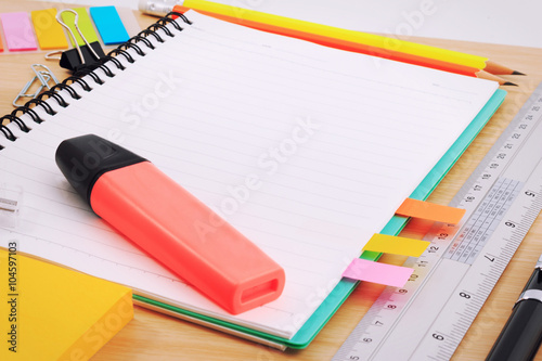 Office table desk with set of Office Stationery or Math Supplies.