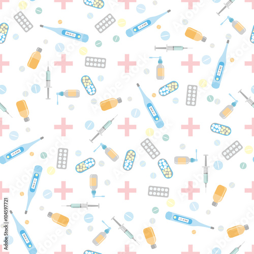Abstract background health medicine tablet patch syringe seamless pattern