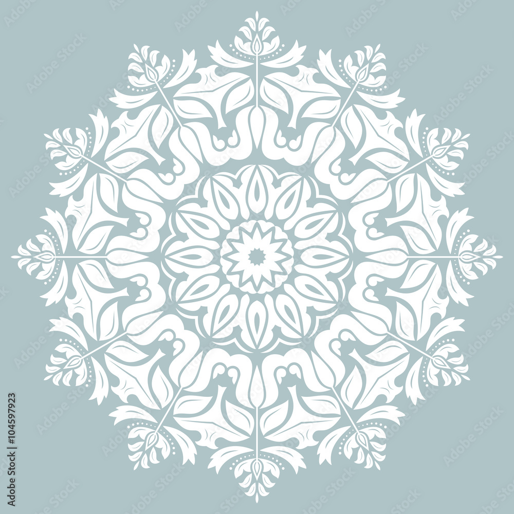 Oriental vector round pattern with white arabesques and floral elements. Traditional classic ornament Oriental vector round pattern with white arabesques and floral elements. Traditional classic ornament