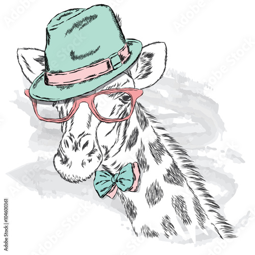 Giraffe in a hat and sunglasses. Vector giraffe.