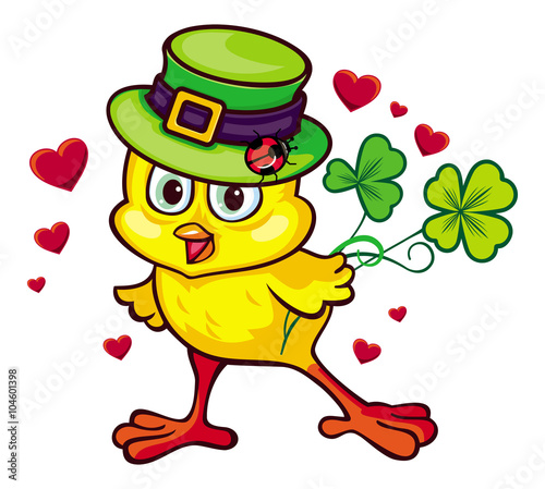 Funny yellow chicken in the green leprechaun hat. Vector clip art.