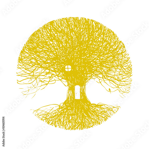 Yellow tree with branches and roots.