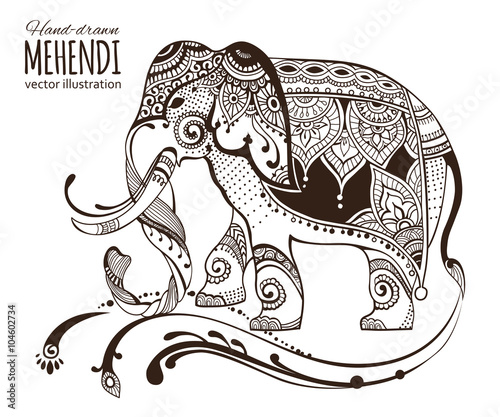 Hand-drawn mehendi elephant.  Ethnic african, indian, totem tatoo design.