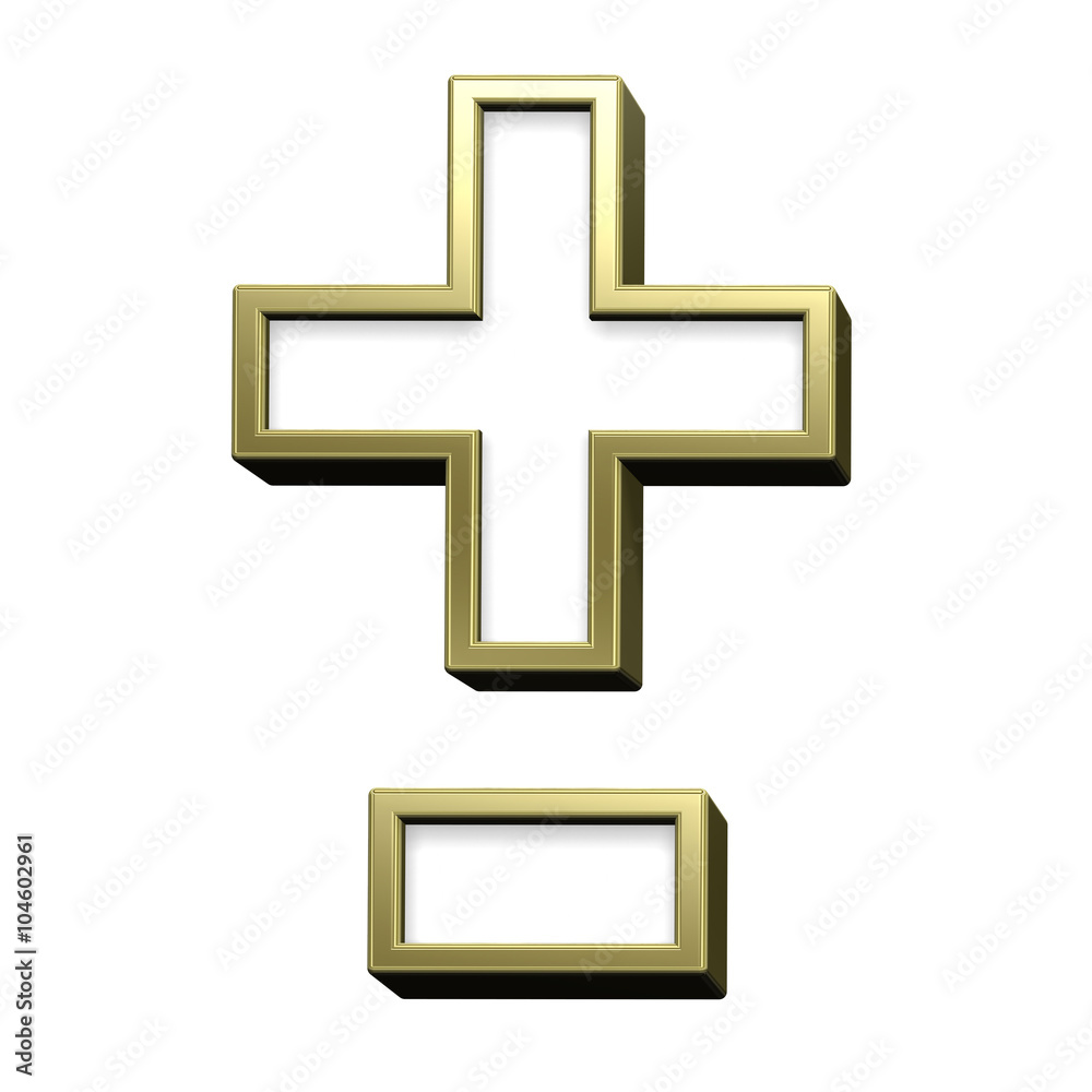 Hyphen, minus, plus marks from white with gold shiny frame alphabet set, isolated on white. Computer generated 3D photo rendering. Hyphen, minus, plus marks from white with gold shiny frame alphabet set, isolated on white. Computer generated 3D photo rendering.