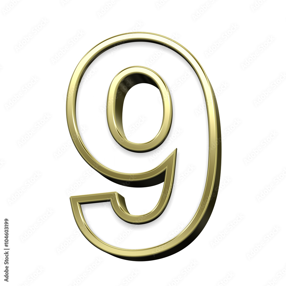 One digit from white with gold shiny frame alphabet set, isolated on white. Computer generated 3D photo rendering. One digit from white with gold shiny frame alphabet set, isolated on white. Computer generated 3D photo rendering.