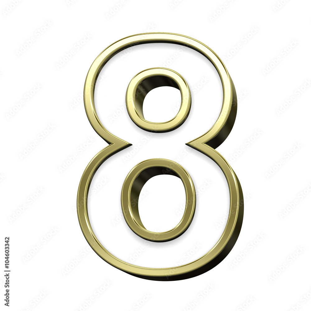 One digit from white with gold shiny frame alphabet set, isolated on white. Computer generated 3D photo rendering. One digit from white with gold shiny frame alphabet set, isolated on white. Computer generated 3D photo rendering.