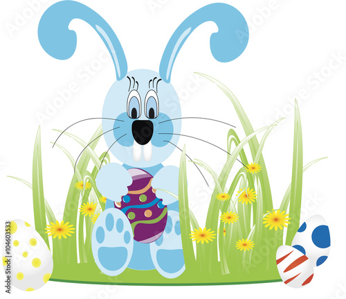 Background with hanging eggs, rabbits and landscape, vector illustration.