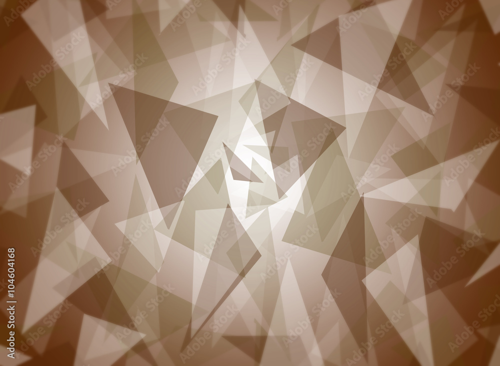 Fototapeta premium Abstract triangle shapes randomly layered, in brown shades with bright center, graphic art, vector illustration in modern contemporary art design. Suitable as background texture pattern. 