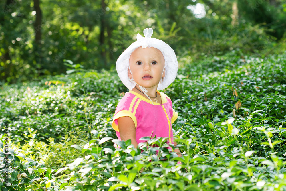 The child, a little girl was hiding in the bushes by the parents, the child is studying the forest flora, development and education of the child, walk in the park The child, a little girl was hiding in the bushes by the parents, the child is studying the forest flora, development and education of the child, walk in the park
