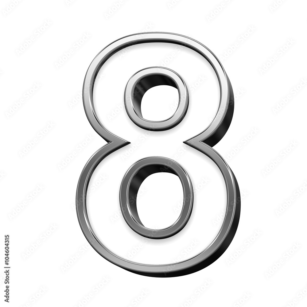 One digit from white with silver shiny frame alphabet set, isolated on white. Computer generated 3D photo rendering. One digit from white with silver shiny frame alphabet set, isolated on white. Computer generated 3D photo rendering.