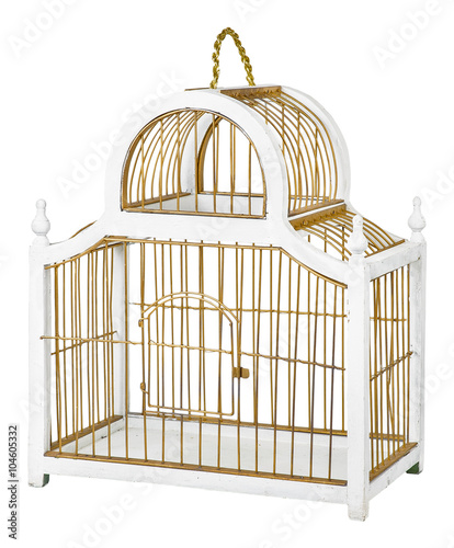 Wooden bird cage. Isolated on white photo