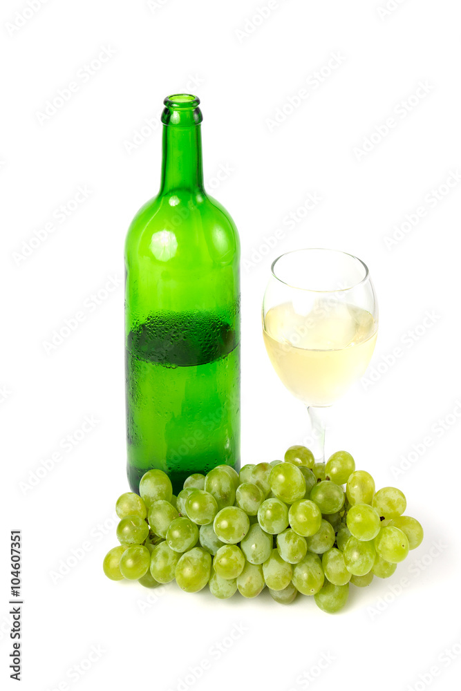 Wine and grapes on a white background