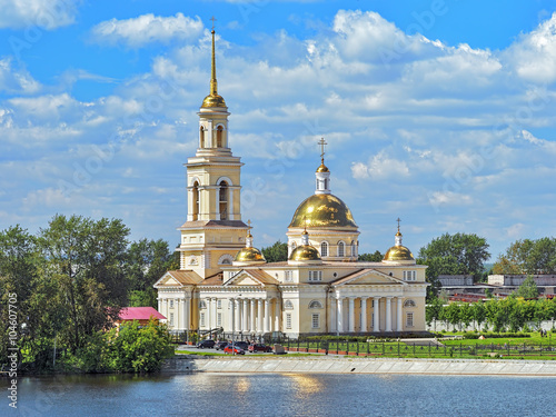 Transfiguration Cathedral on the shore of the pond in Nevyansk, Sverdlovsk Oblast, Russia