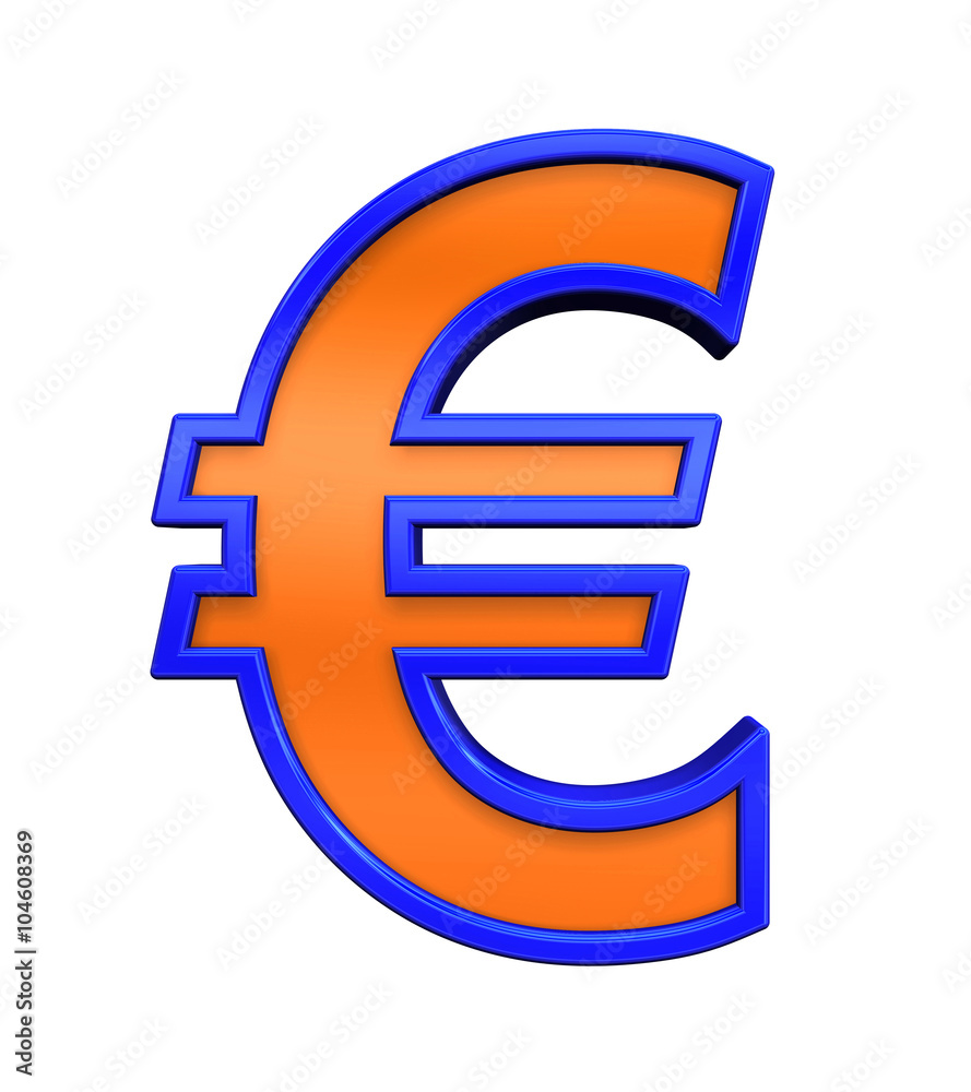 Euro sign from orange glass with blue frame alphabet set, isolated on white. Computer generated 3D photo rendering. Euro sign from orange glass with blue frame alphabet set, isolated on white. Computer generated 3D photo rendering.