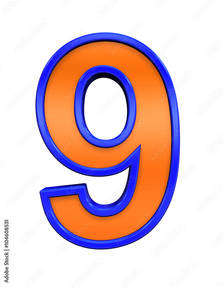 One digit from orange glass with blue frame alphabet set, isolated on white. Computer generated 3D photo rendering. One digit from orange glass with blue frame alphabet set, isolated on white. Computer generated 3D photo rendering.
