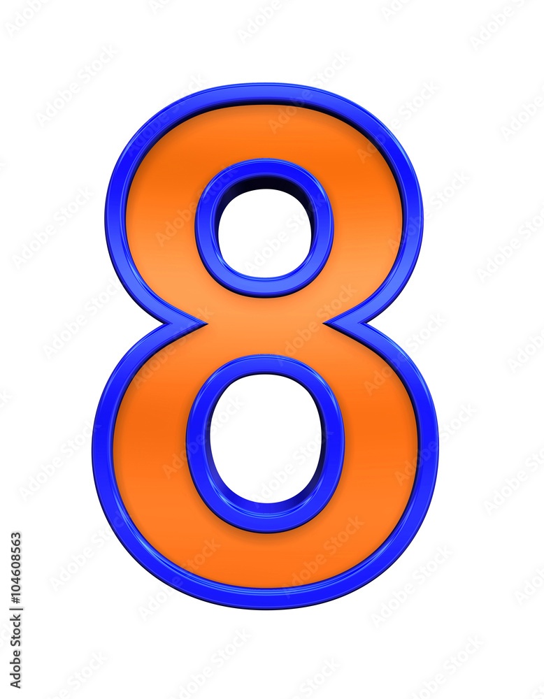 One digit from orange glass with blue frame alphabet set, isolated on white. Computer generated 3D photo rendering. One digit from orange glass with blue frame alphabet set, isolated on white. Computer generated 3D photo rendering.