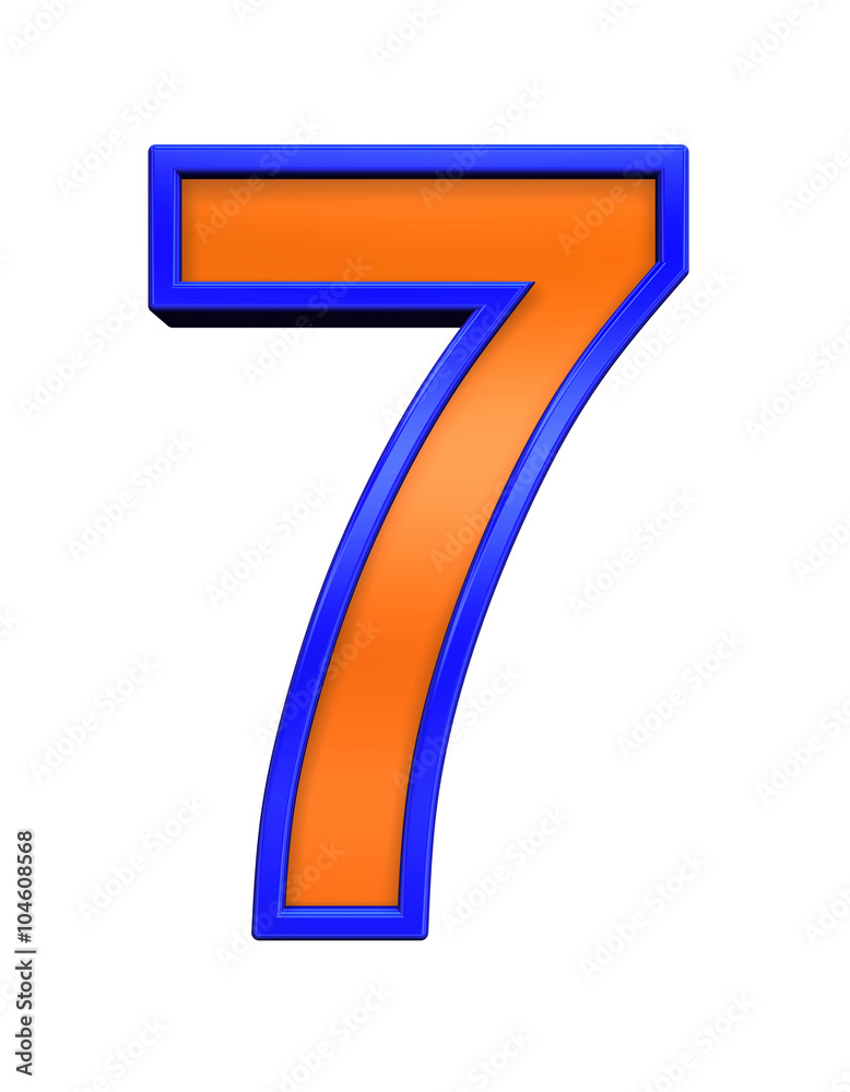 One digit from orange glass with blue frame alphabet set, isolated on white. Computer generated 3D photo rendering. One digit from orange glass with blue frame alphabet set, isolated on white. Computer generated 3D photo rendering.