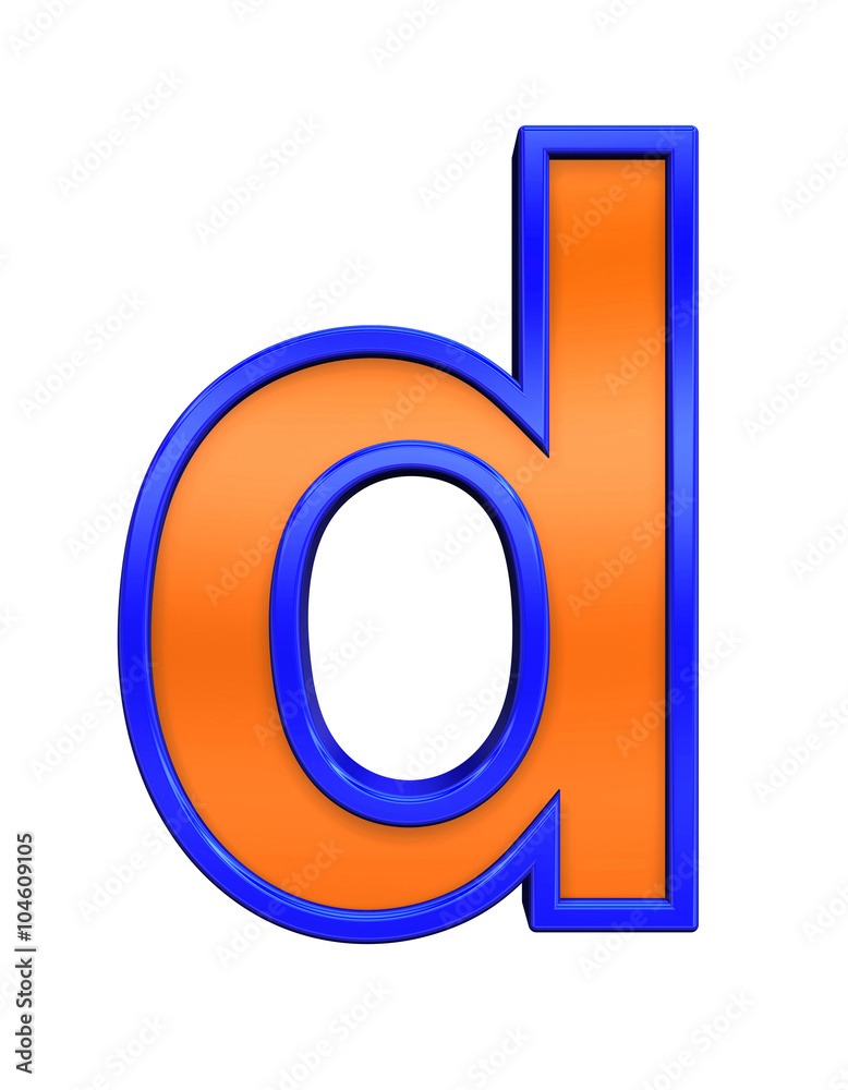 One lower case letter from orange glass with blue frame alphabet set, isolated on white. Computer generated 3D photo rendering. One lower case letter from orange glass with blue frame alphabet set, isolated on white. Computer generated 3D photo rendering.