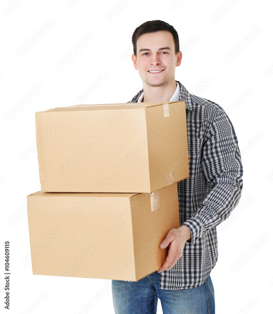 Man holding carton boxes isolated on white background Man holding carton boxes isolated on white background