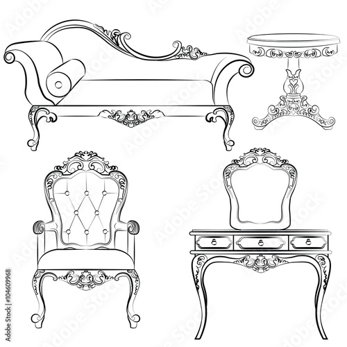 Set of classic furniture with rich baroque ornaments. Vector