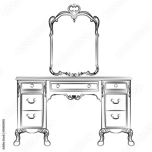 Dressing table with mirror in classic baroque style. Vector sketch
