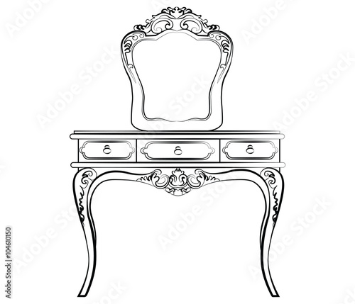 Dressing table with mirror in classic baroque style. Vector sketch