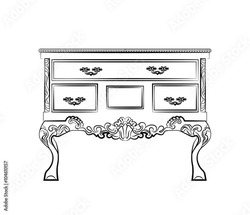 Classic table furniture with royal luxury ornaments and drawers. Vector