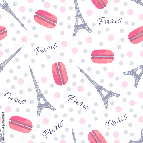 Seamless pattern with tasty macaroons, Eiffel Tower, Paris and dots