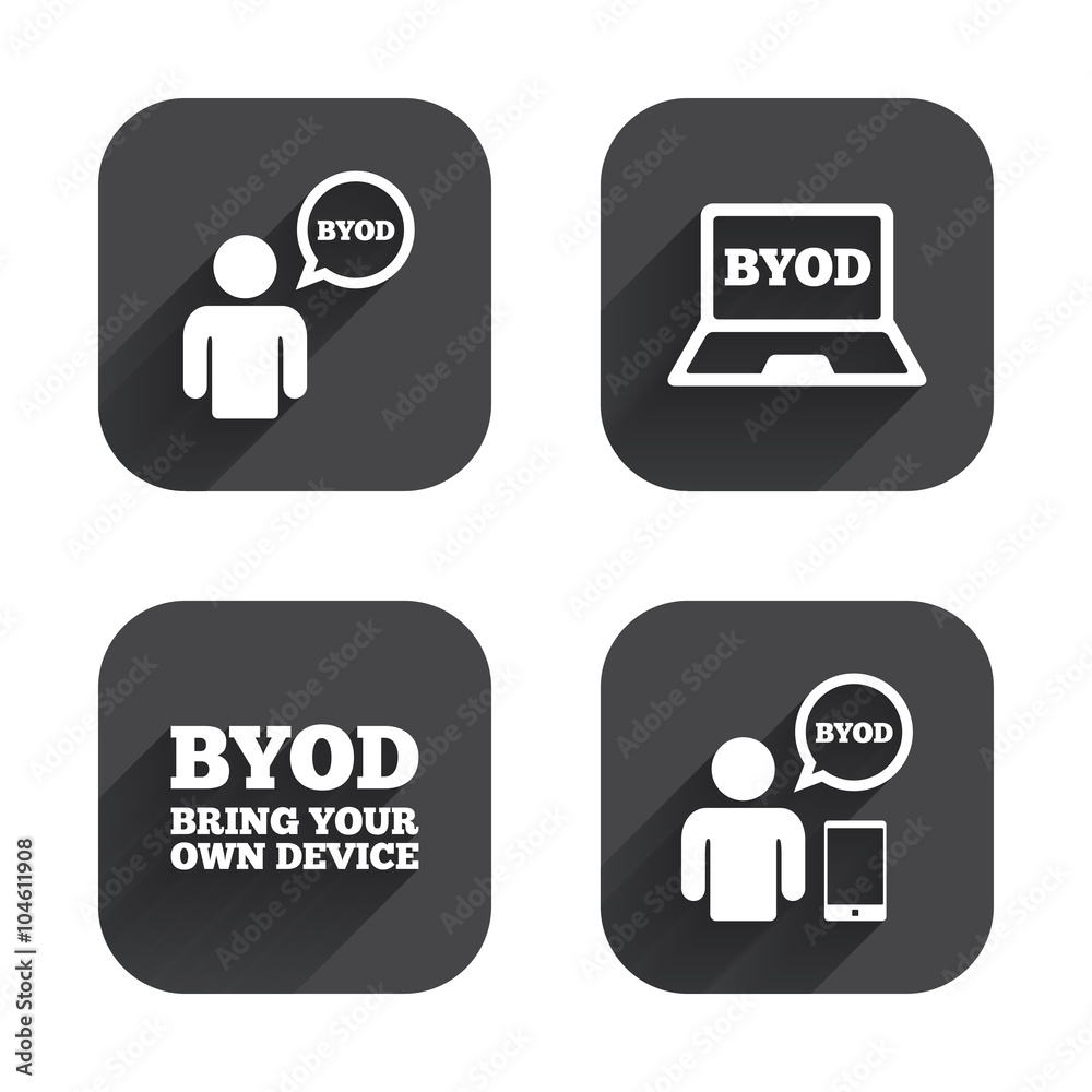 BYOD signs. Human with notebook and smartphone. BYOD signs. Human with notebook and smartphone.