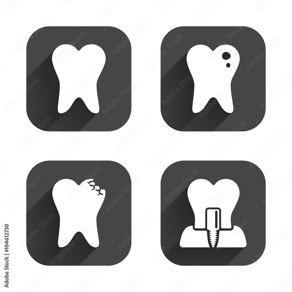 Dental care icons. Caries tooth and implant. Dental care icons. Caries tooth and implant.