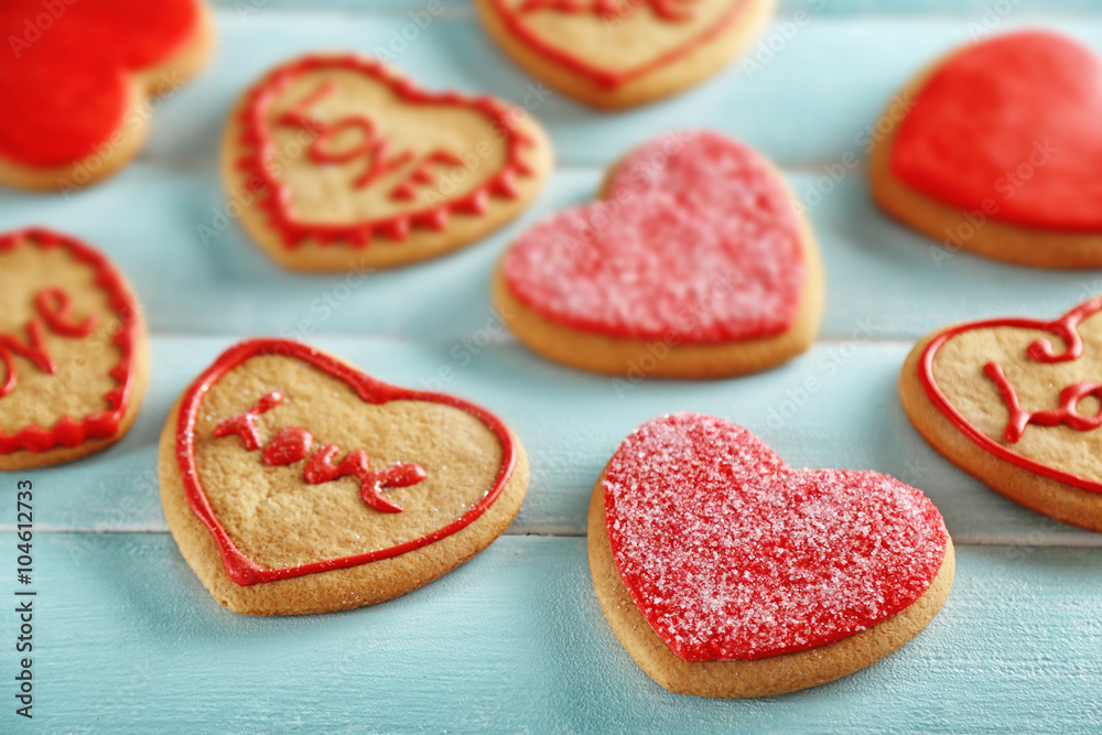 Assortment of love cookies on blue wooden table background Assortment of love cookies on blue wooden table background