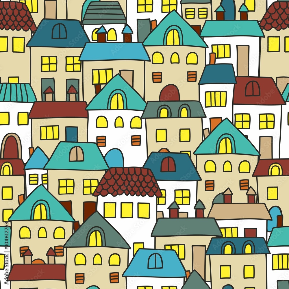 Cute cartoon pattern with houses. Seamless vector background.