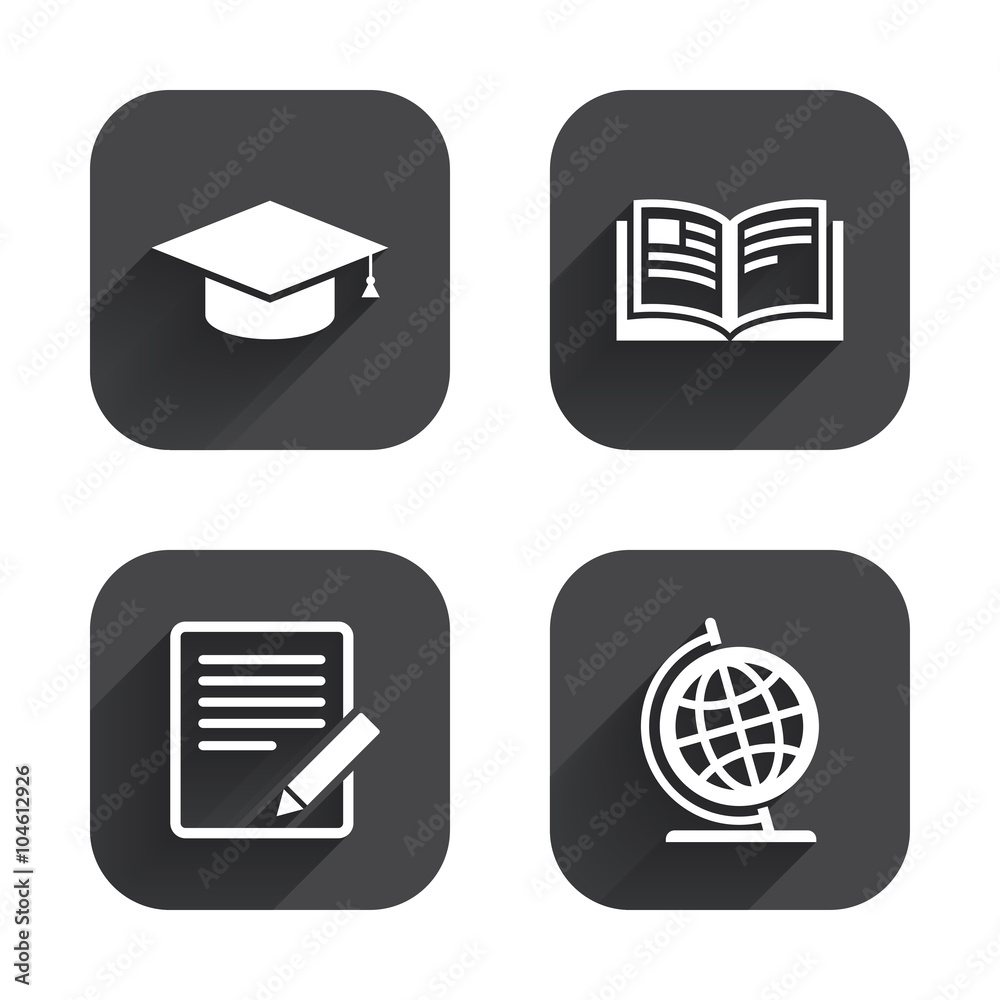 Pencil and open book signs. Graduation cap icon. Pencil and open book signs. Graduation cap icon.