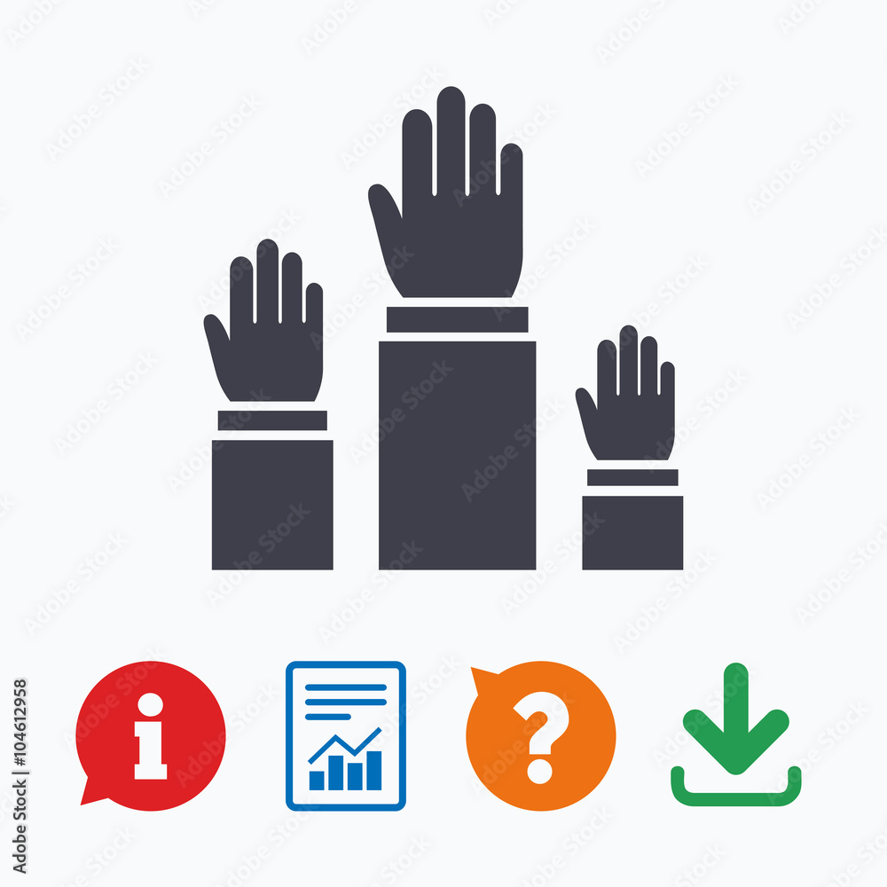 Fototapeta premium Election or voting sign icon. Hands raised up.