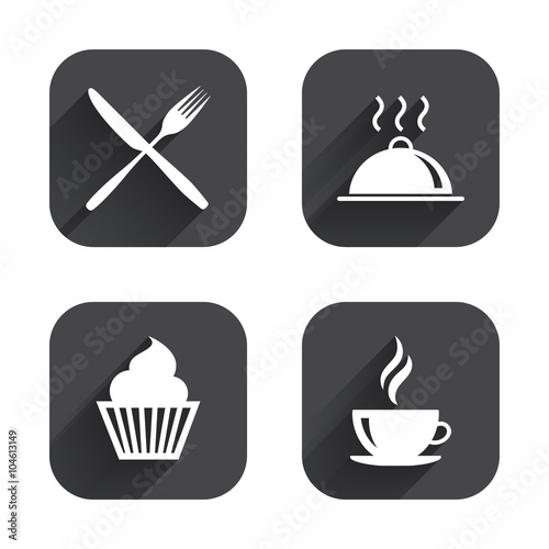 Food icons. Muffin cupcake symbol. Fork  knife.