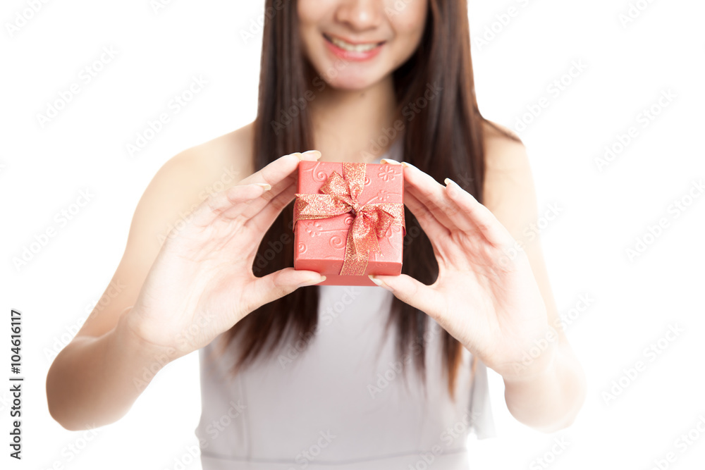 Close up of red gift box in young Asian woman hand Close up of red gift box in young Asian woman hand