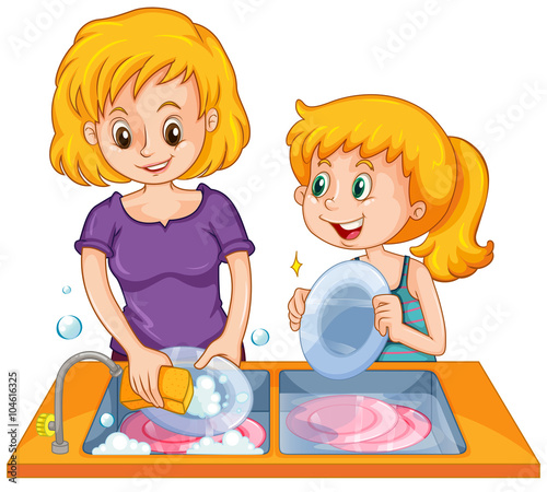 Girl helping mom doing the dishes