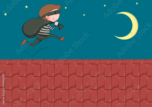 Robber with bag running on the roof