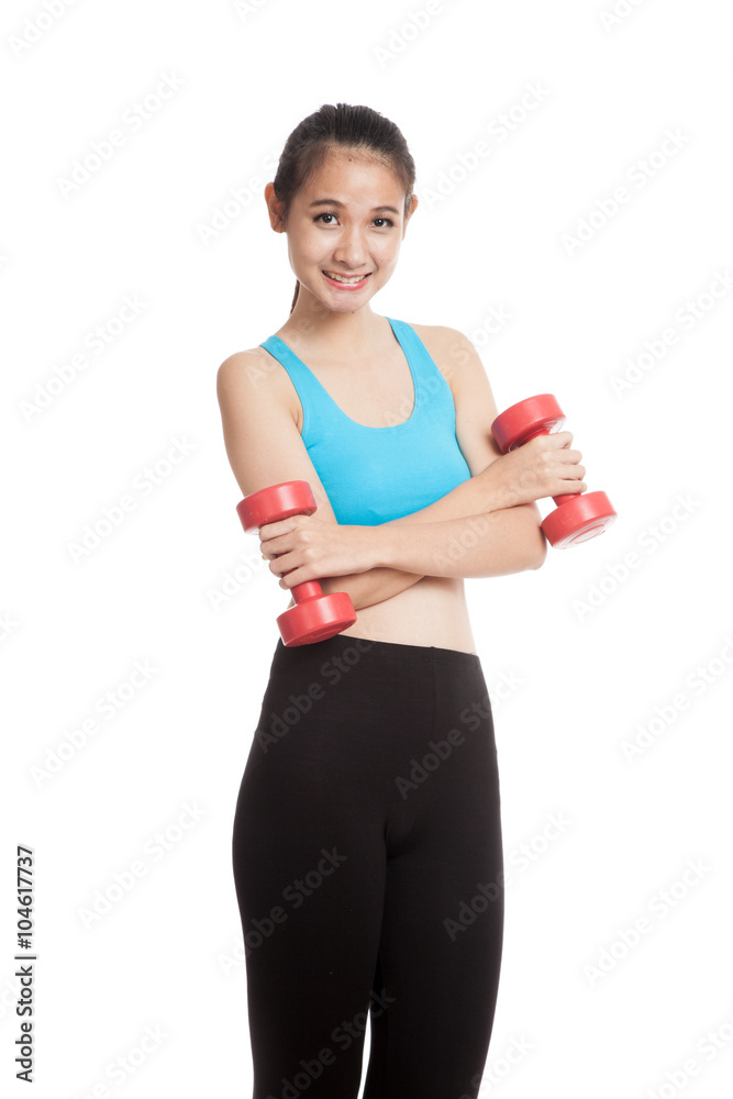 Beautiful Asian healthy girl exercise with dumbbell Beautiful Asian healthy girl exercise with dumbbell