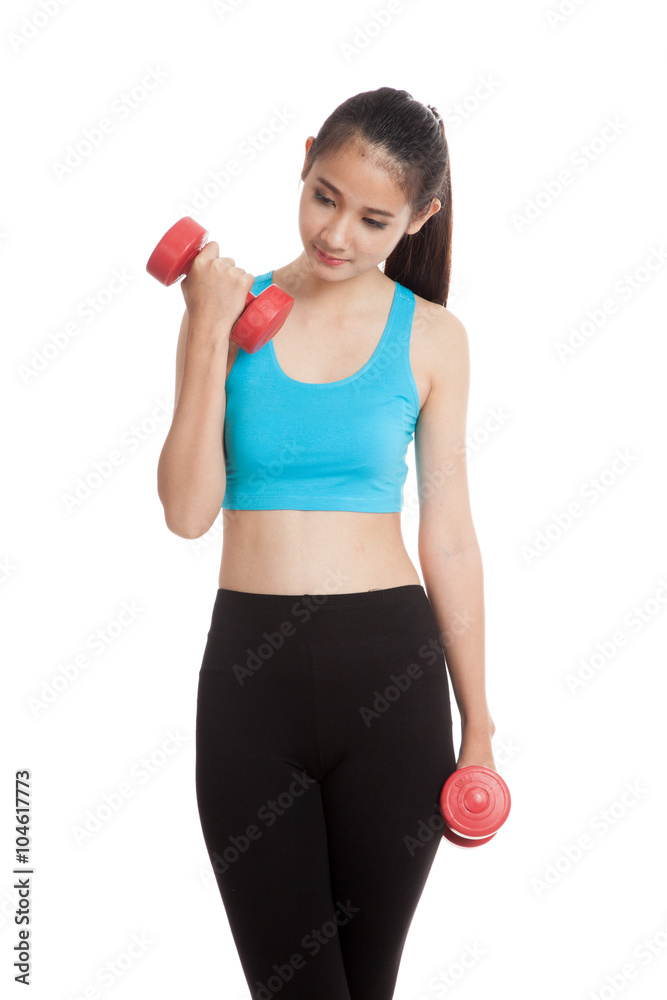 Beautiful Asian healthy girl exercise with dumbbell Beautiful Asian healthy girl exercise with dumbbell