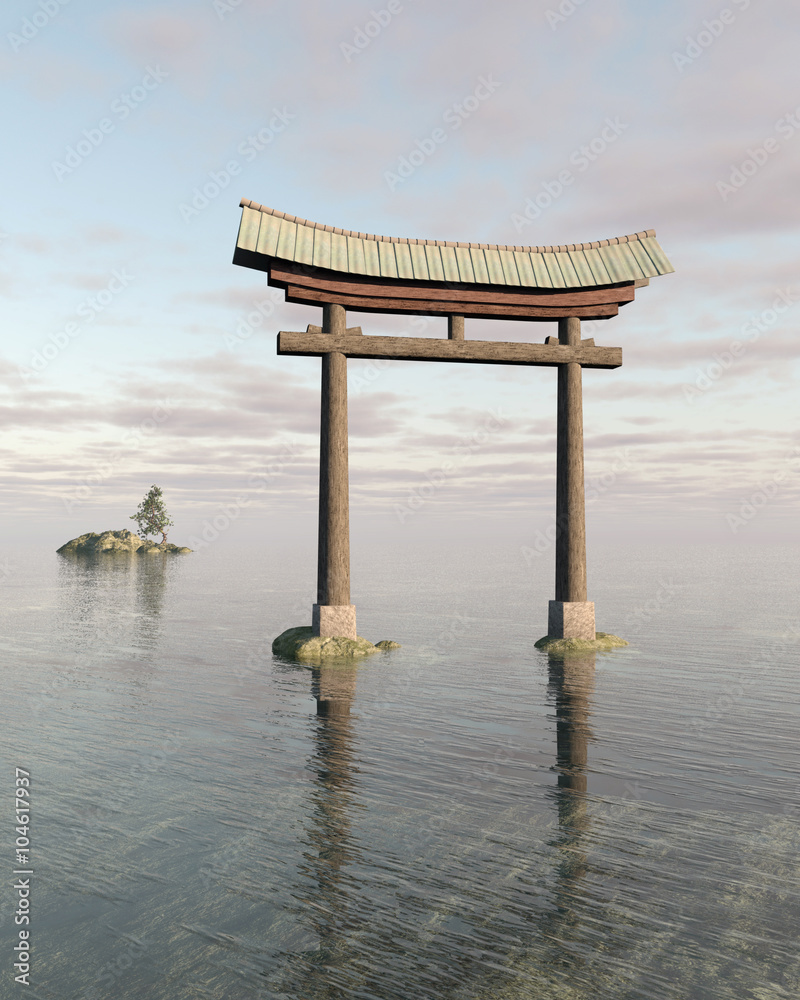 Japanese Floating Torii Gate at a Shinto Shrine - fantasy illustration Japanese Floating Torii Gate at a Shinto Shrine - fantasy illustration