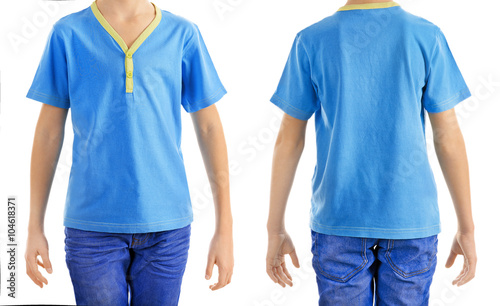 Clothes advertising. Boy in blue T-shirt and jeans isolated on white background
