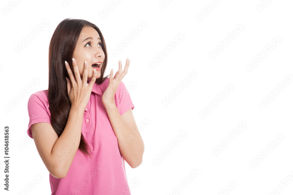 Excited beautiful Asian girl look to blank space Excited beautiful Asian girl look to blank space