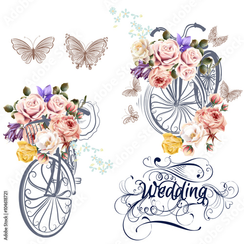 Cute vector set for invitation design with fake bicycle and flow