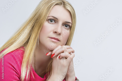 Closeup Portrait of Caucasian Blond Female. Posing on White Background