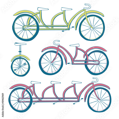 Set of four bicycles. Unicycle, tricycle, tandem bike, bicycle. Vector illustration
