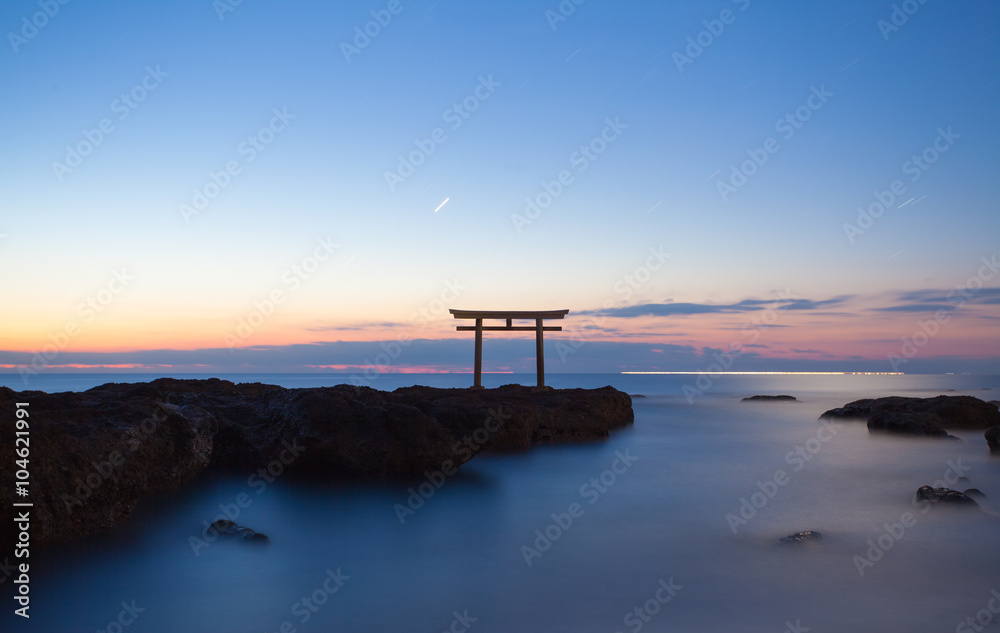 Japan landscape of traditional Japanese gate and sea at Oarai Ibaraki prefecture.. Japan landscape of traditional Japanese gate and sea at Oarai Ibaraki prefecture..