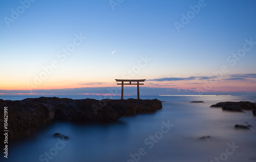 Japan landscape of traditional Japanese gate and sea at Oarai Ibaraki prefecture..