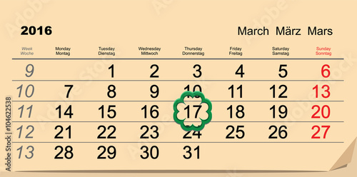 Saint Patricks Day. Calendar 2016 March 17