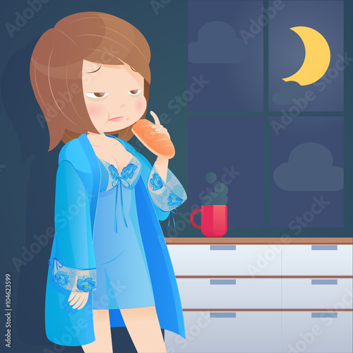 Hungry woman eating bread on kitchen at night, Cartoon, illustration